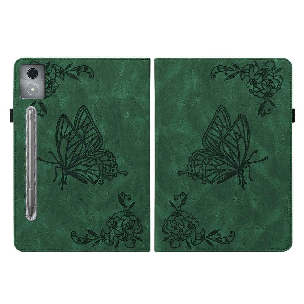 For Lenovo Tab P12 Pro 12.7 2025 / Xiaoxin Pad Pro 12.7 (2025) Case Butterfly Flower Imprint PU Leather Tablet Cover with Card Slots - Green - 7