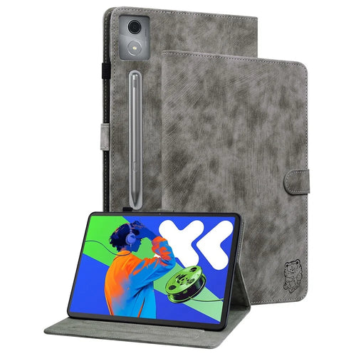 For Lenovo Tab P12 Pro 12.7 2025 / Xiaoxin Pad Pro 12.7 (2025) Cases Tiger Imprint Anti-Scratch PU Leather Tablet Cover - Grey - 1