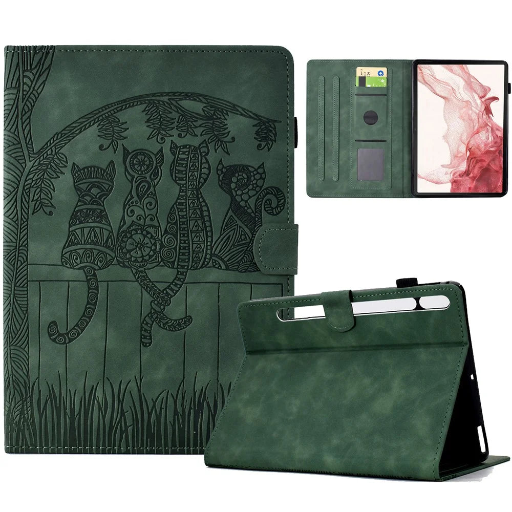 For Samsung Galaxy Tab S8 X700 X706 / S7 T870 T875 Case Cats Imprinted PU Leather Card Slots Tablet Cover - Green - 1