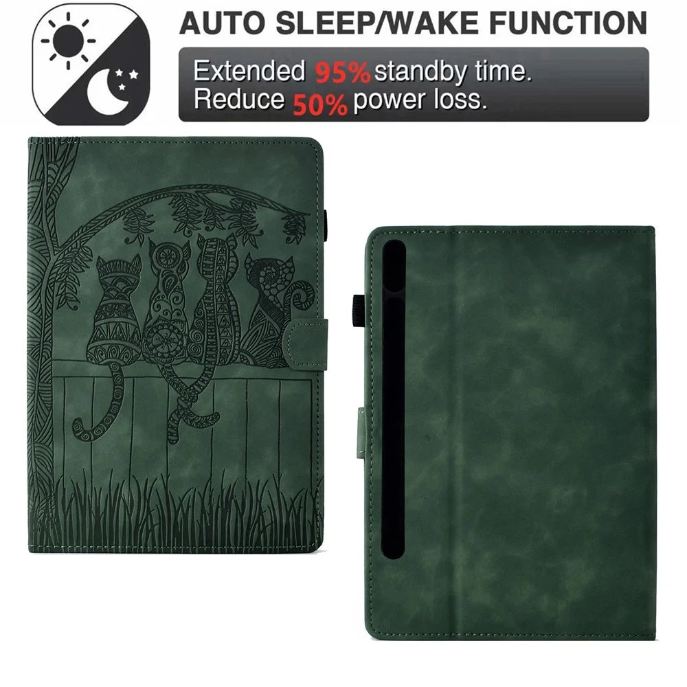 For Samsung Galaxy Tab S8 X700 X706 / S7 T870 T875 Case Cats Imprinted PU Leather Card Slots Tablet Cover - Green - 5