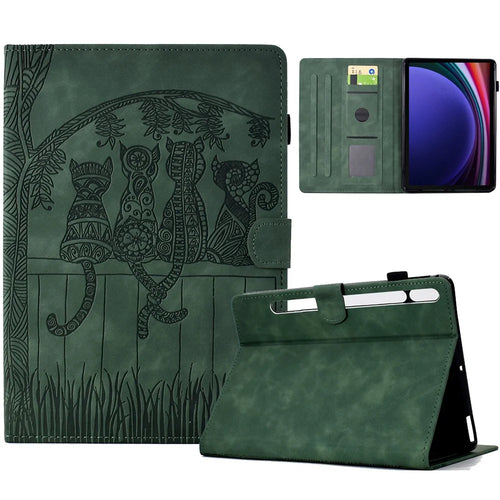 For Samsung Galaxy Tab S9 Case Cats Imprinted PU Leather Card Slots Tablet Cover - Green - 1