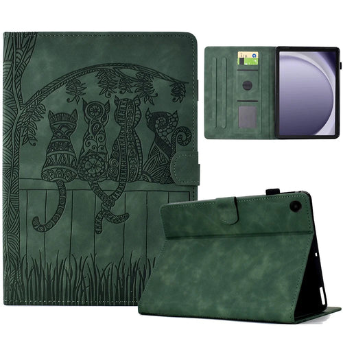 For Samsung Galaxy Tab A9+ Case Cats Imprinted PU Leather Card Slots Tablet Cover - Green - 1