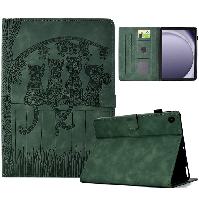 For Samsung Galaxy Tab A9+ Case Cats Imprinted PU Leather Card Slots Tablet Cover - Green - 1