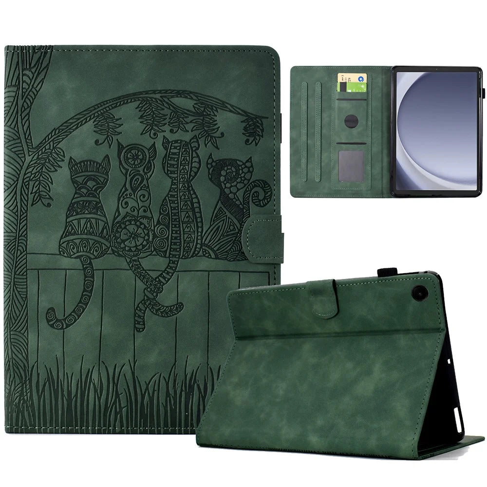 For Samsung Galaxy Tab A9 Case Cats Imprinted PU Leather Card Slots Tablet Cover - Green - 1