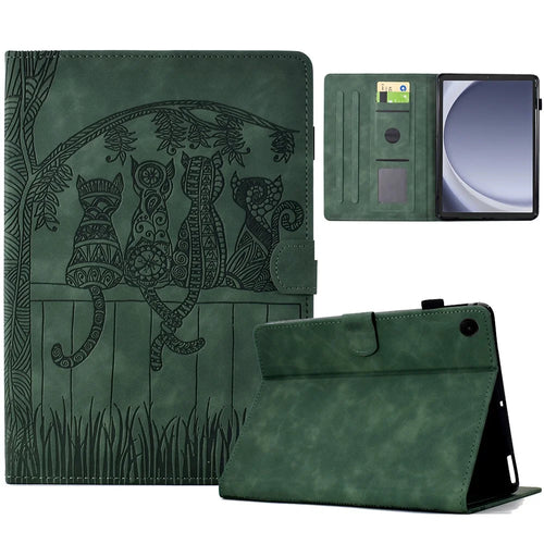 For Samsung Galaxy Tab A9 Case Cats Imprinted PU Leather Card Slots Tablet Cover - Green - 1