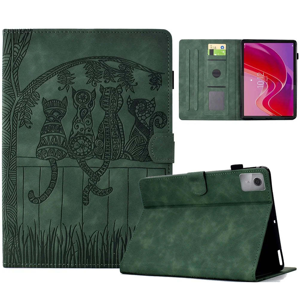 For Lenovo Tab M11 / Xiaoxin Pad 11 2024 Case Cats Imprinted PU Leather Card Slots Tablet Cover - Green - 1