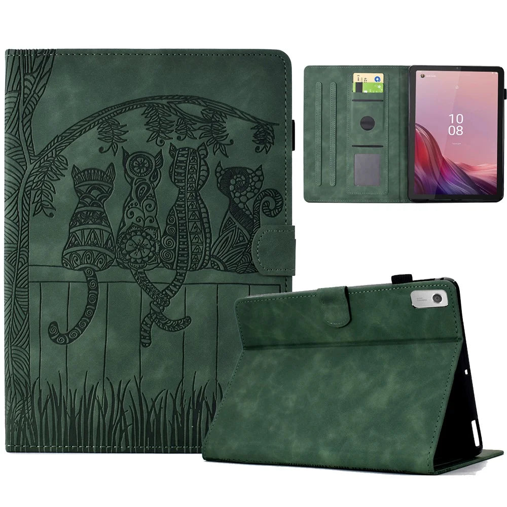 For Lenovo Tab M9 TB-310FU Case Cats Imprinted PU Leather Card Slots Tablet Cover - Green - 1