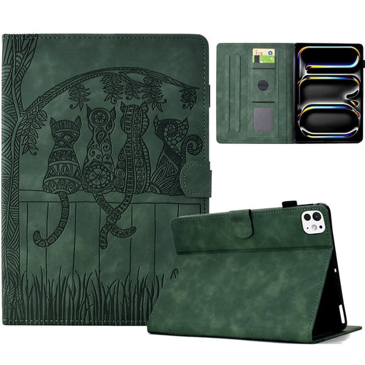 For iPad Pro 11 (2025) / (2024) Case Cats Imprinted PU Leather Card Slots Tablet Cover - Green - 1