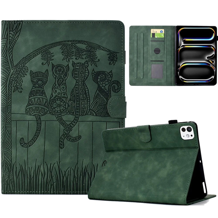 For iPad Pro 11 (2025) / (2024) Case Cats Imprinted PU Leather Card Slots Tablet Cover - Green - 1