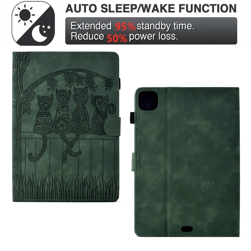 For iPad Pro 11 (2025) / (2024) Case Cats Imprinted PU Leather Card Slots Tablet Cover - Green - 5