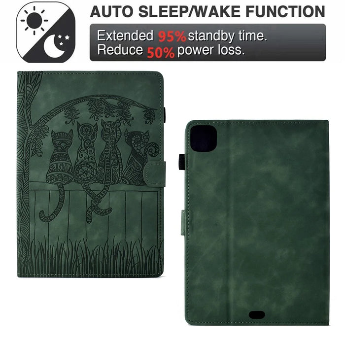 For iPad Pro 11 (2025) / (2024) Case Cats Imprinted PU Leather Card Slots Tablet Cover - Green - 5