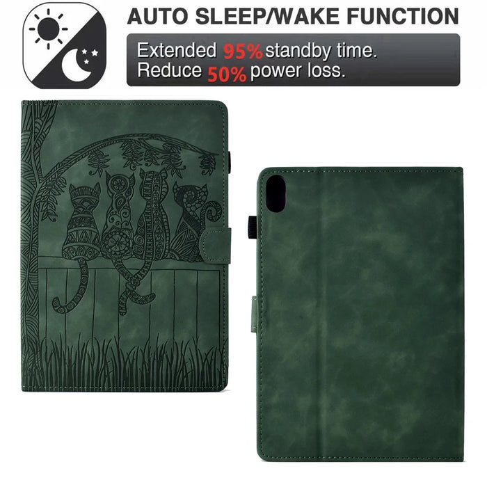 For iPad (2025) / 10.9 (2022) Case Cats Imprinted PU Leather Card Slots Tablet Cover - Green - 5