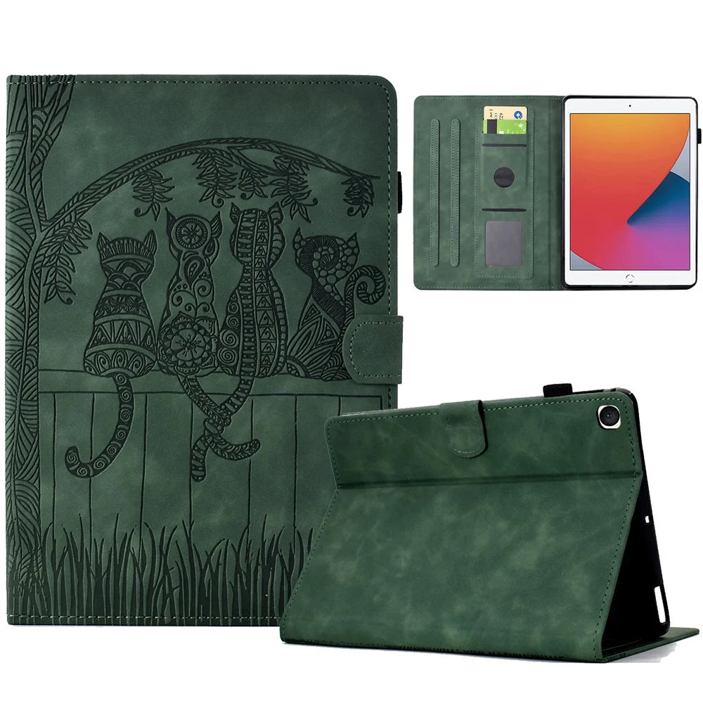 For iPad 10.2 (2020) / (2019) Case Cats Imprinted PU Leather Card Slots Tablet Cover - Green - 1