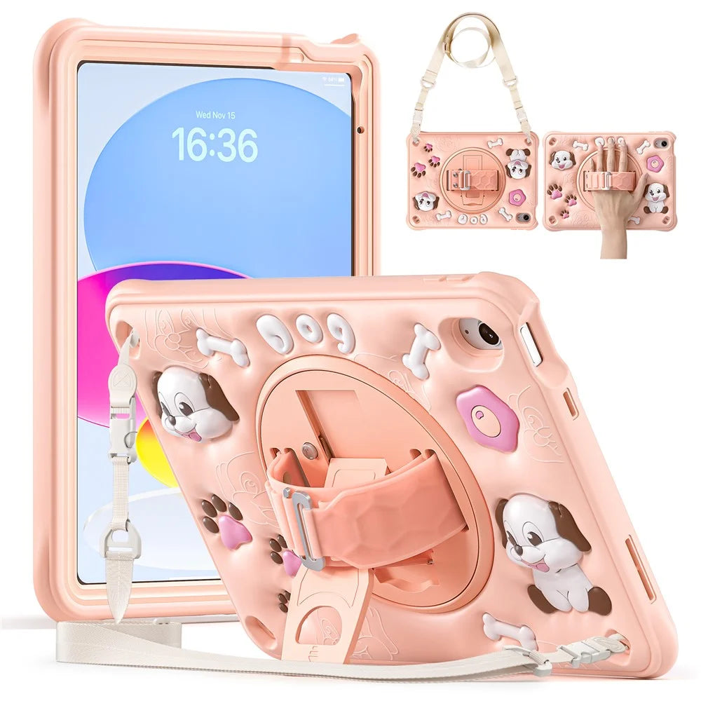 For iPad (2025) / 10.9 (2022) Case with Shoulder Strap Kickstand Cute Dog PC+Silicone+TPU Tablet Cover - 1