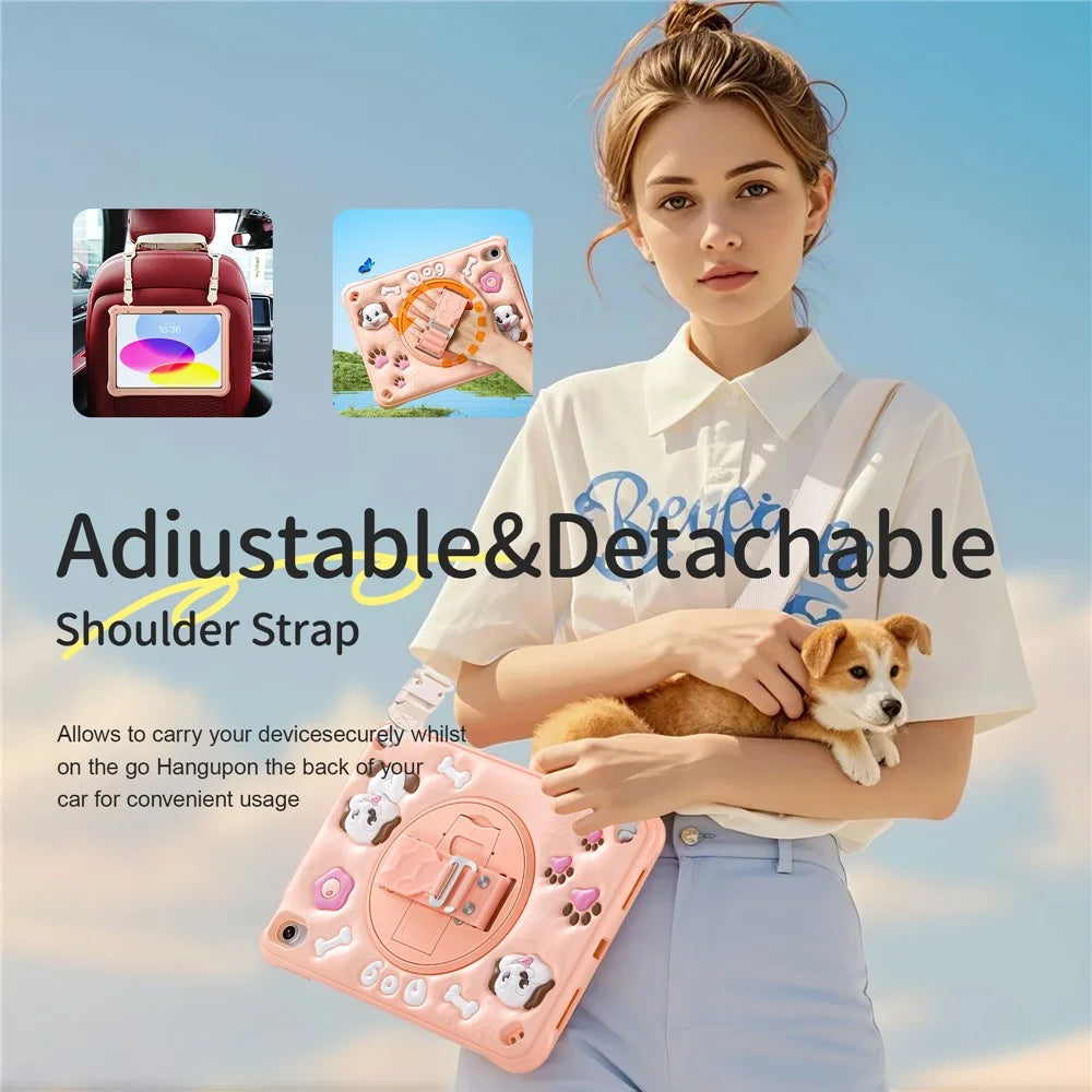 For iPad (2025) / 10.9 (2022) Case with Shoulder Strap Kickstand Cute Dog PC+Silicone+TPU Tablet Cover - 5