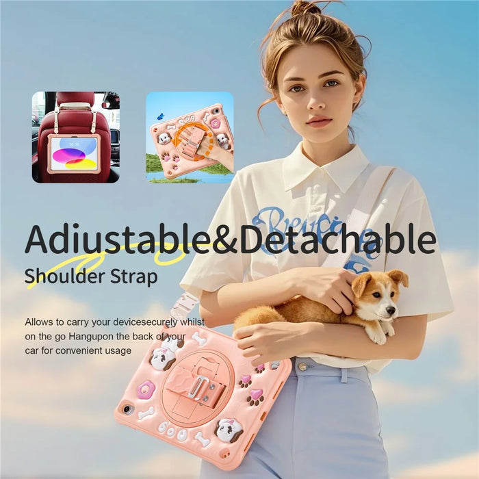 For iPad (2025) / 10.9 (2022) Case with Shoulder Strap Kickstand Cute Dog PC+Silicone+TPU Tablet Cover - 5