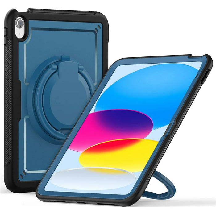 For iPad (2025) / 10.9 (2022) Case PC+TPU Kickstand Tablet Cover with Pencil Holder, Shoulder Strap - Navy Blue - 1