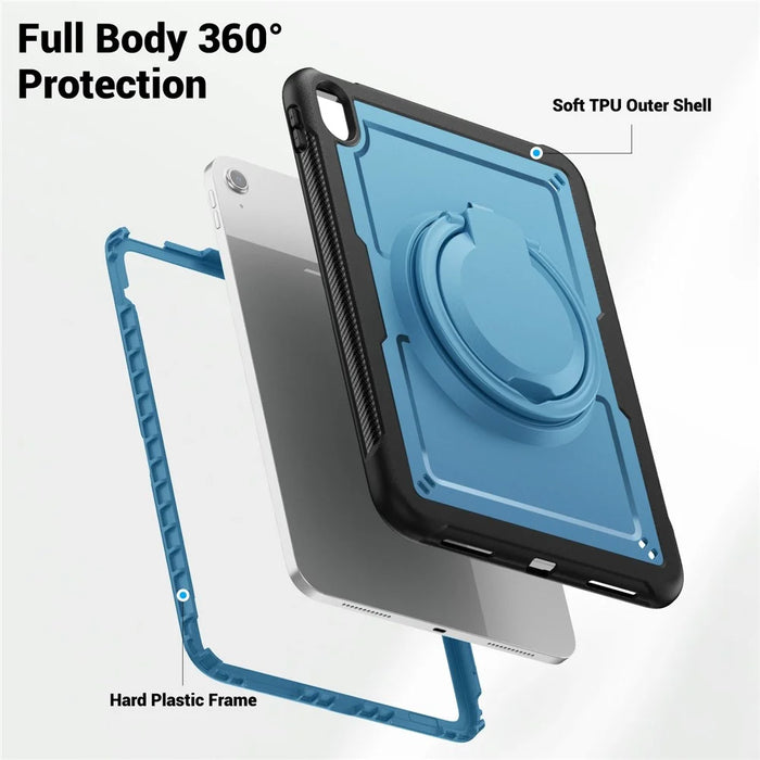 For iPad (2025) / 10.9 (2022) Case PC+TPU Kickstand Tablet Cover with Pencil Holder, Shoulder Strap - Navy Blue - 3