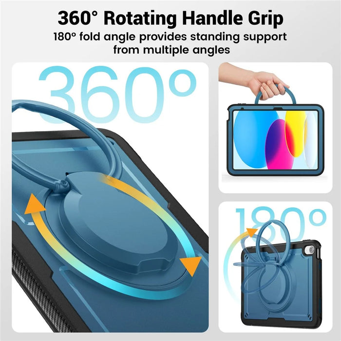 For iPad (2025) / 10.9 (2022) Case PC+TPU Kickstand Tablet Cover with Pencil Holder, Shoulder Strap - Navy Blue - 6