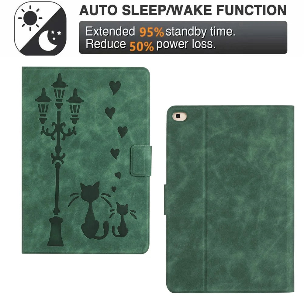 For iPad 9.7-inch (2018) / (2017) / iPad Air 2 / Air (2013) Case Couple Cat Imprinted Microfiber Leather Smart Tablet Cover - Green - 7