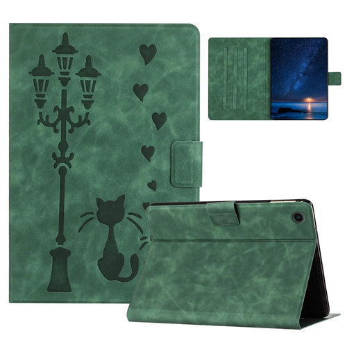 For Samsung Galaxy Tab A11 / A9 Case Couple Cat Imprinted Microfiber Leather Smart Tablet Cover - Green - 1