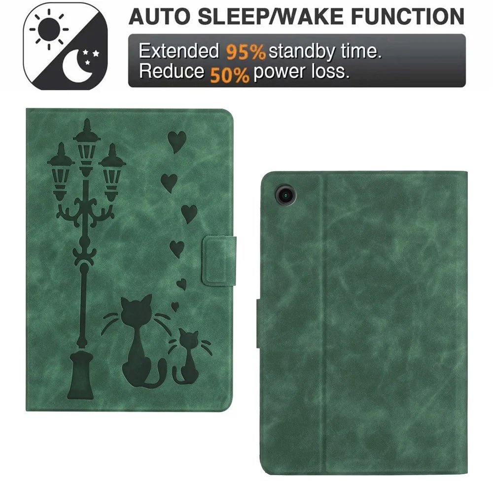 For Samsung Galaxy Tab A11 / A9 Case Couple Cat Imprinted Microfiber Leather Smart Tablet Cover - Green - 7