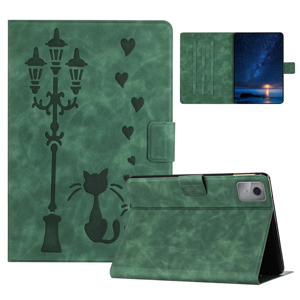 For Lenovo Tab M11 / Xiaoxin Pad 11 2024 TB-330FU Case Couple Cat Imprinted Microfiber Leather Smart Tablet Cover - Green - 1