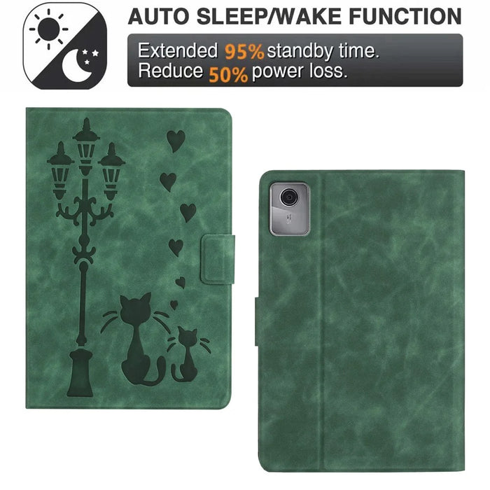 For Lenovo Tab M11 / Xiaoxin Pad 11 2024 TB-330FU Case Couple Cat Imprinted Microfiber Leather Smart Tablet Cover - Green - 7