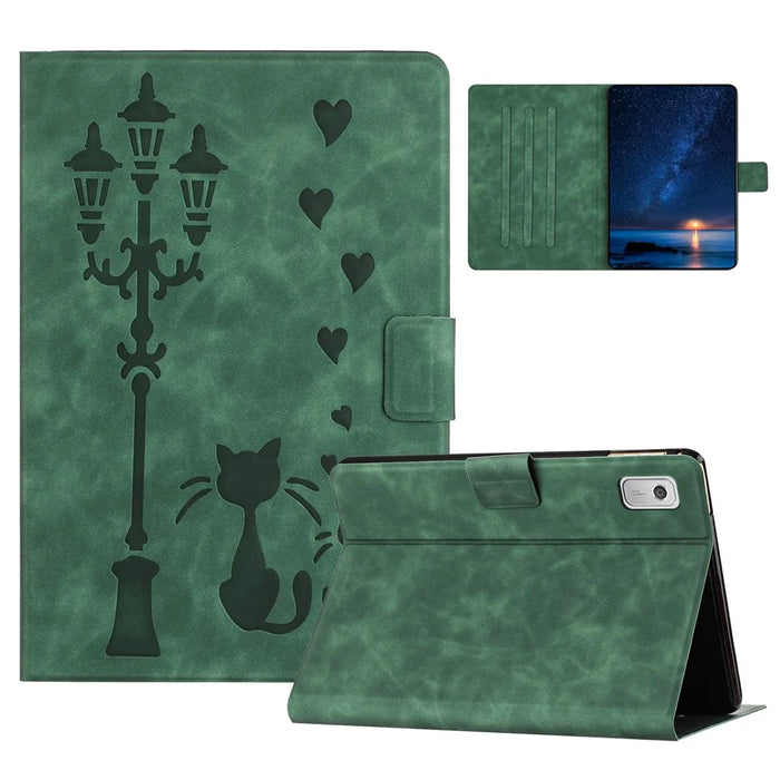 For Lenovo Tab M9 TB-310FU Case Couple Cat Imprinted Microfiber Leather Smart Tablet Cover - Green - 1