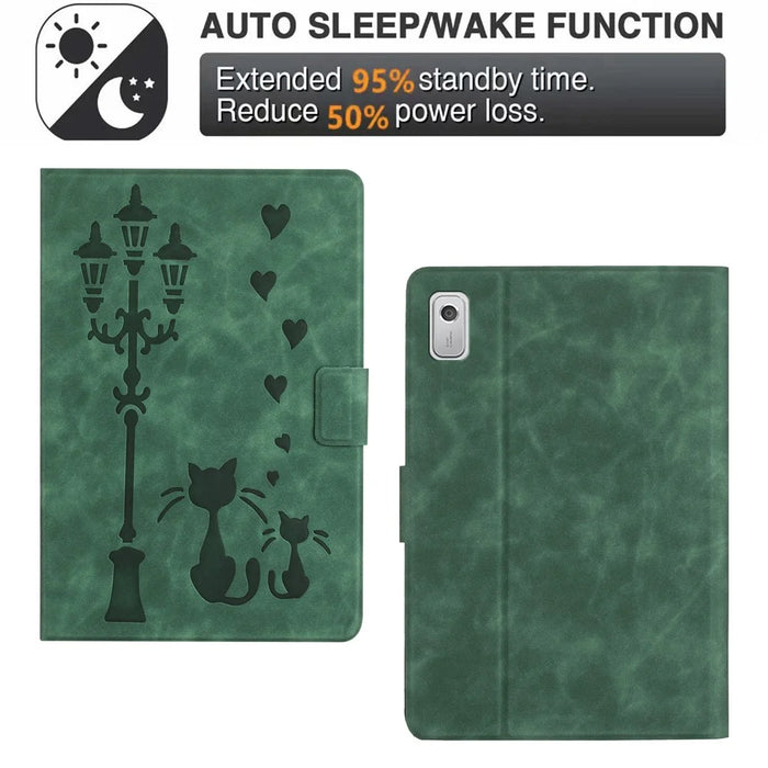 For Lenovo Tab M9 TB-310FU Case Couple Cat Imprinted Microfiber Leather Smart Tablet Cover - Green - 7