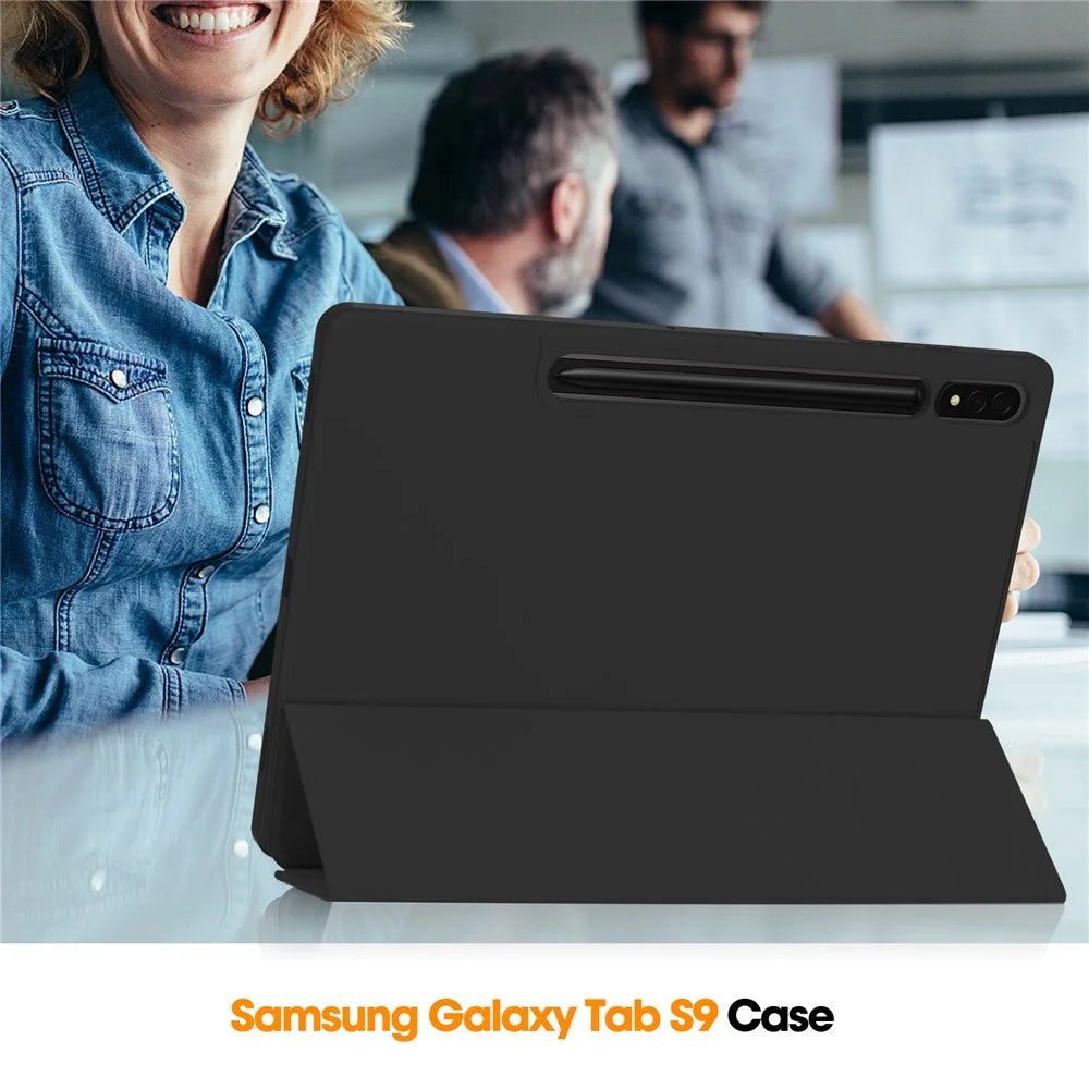For Samsung Galaxy Tab S10+ Stand Case Shock-Absorbent Leather Tablet Cover with Pen Slot - Black - 7