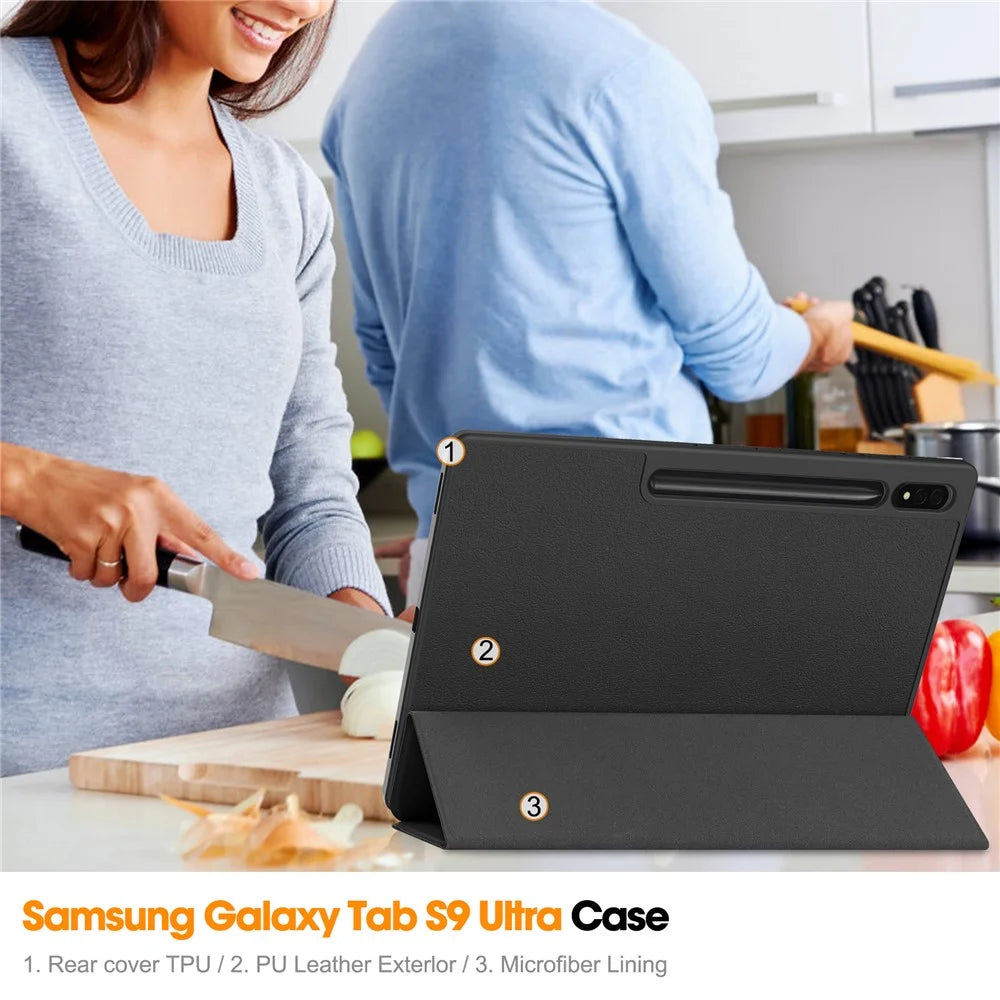 For Samsung Galaxy Tab S10 Ultra Stand Case Shock-Absorbent Leather Tablet Cover with Pen Slot - Black - 7