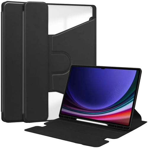 For Samsung Galaxy Tab S10 Ultra Case 360 Degree Rotary Stand PU Leather+Acrylic Tablet Cover (Without Keyboard) - Black - 1