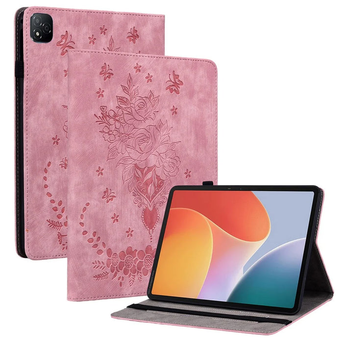 For Infinix Xpad Case Card Holder Anti-Scratch Leather Cover Rose Flower Imprint - Pink - 1
