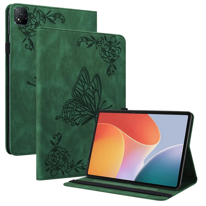 For Infinix Xpad Case Butterfly Flower Imprint PU Leather Tablet Cover with Card Slots - Green - 1