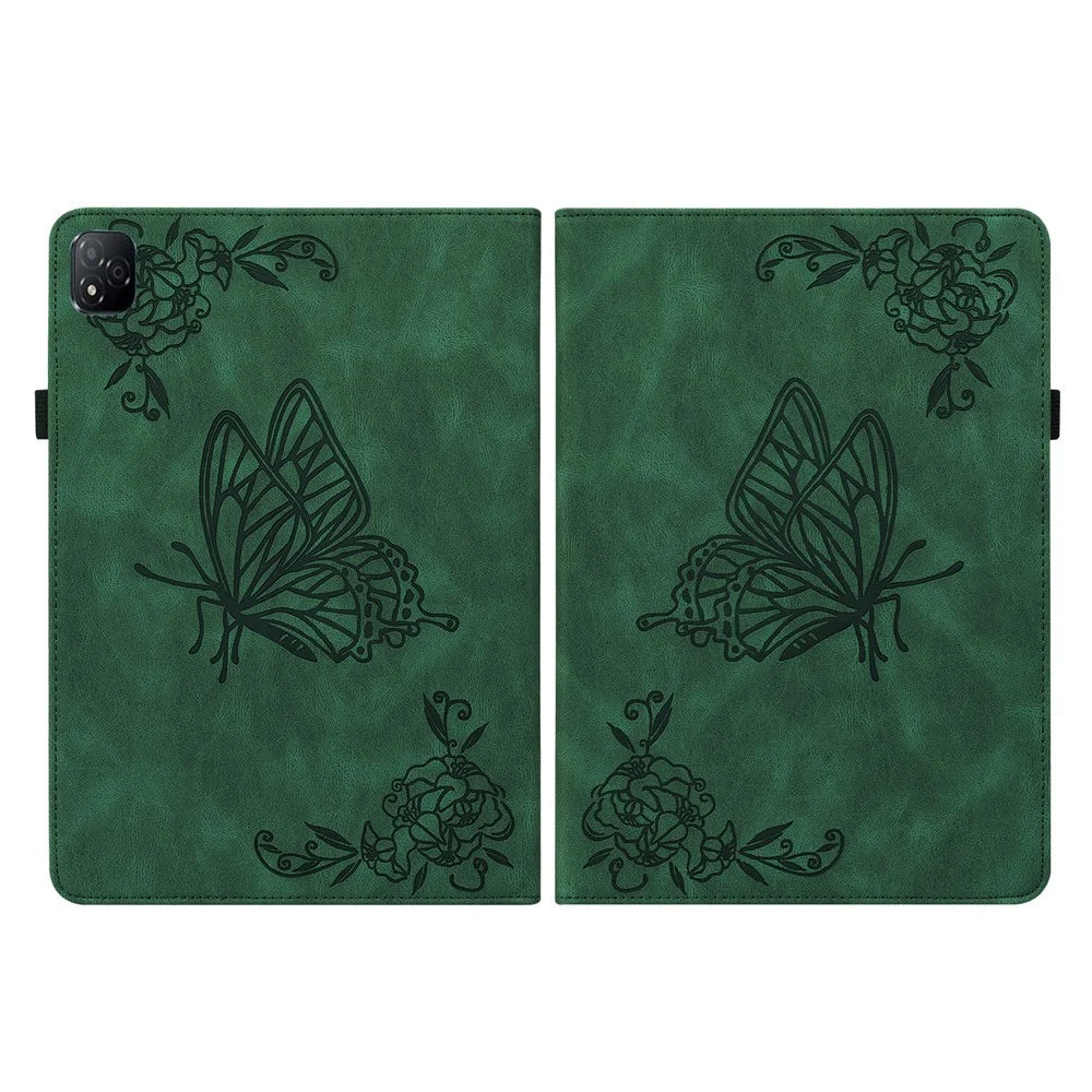 For Infinix Xpad Case Butterfly Flower Imprint PU Leather Tablet Cover with Card Slots - Green - 7