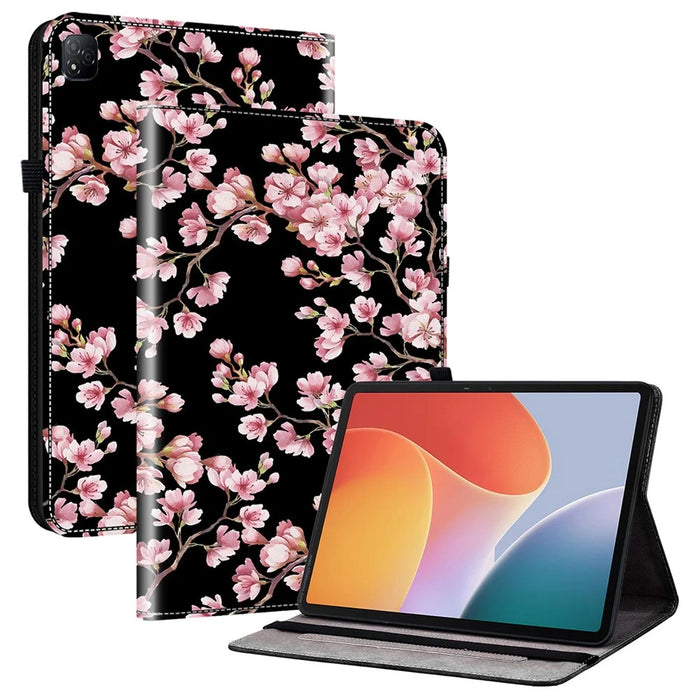 For Infinix Xpad Leather Case Pattern Printed Stand Tablet Cover with Card Slots - Plum Blossom - 1