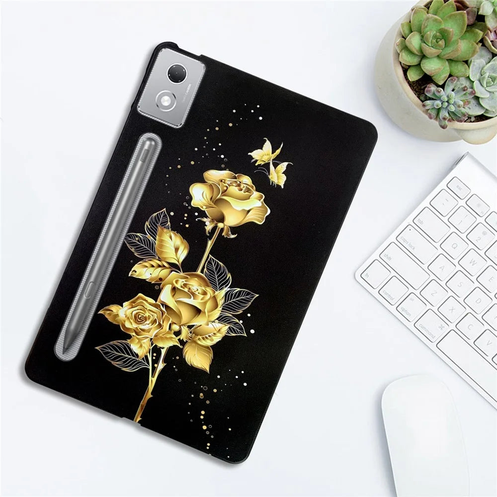 For Lenovo Tab P12 Pro 12.7 2025 / Xiaoxin Pad Pro 12.7 (2025) TPU Case Pattern Printing Slim Tablet Protective Cover - Golden Butterfly Rose - 3