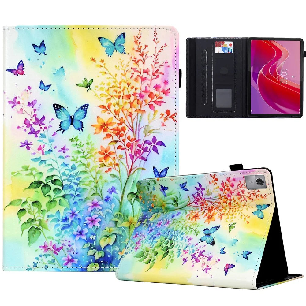 For Lenovo Tab M11 / Xiaoxin Pad 11 2024 Case Pattern Printing Card Holder Leather Tablet Stand Cover - Flowers and Butterflies - 1