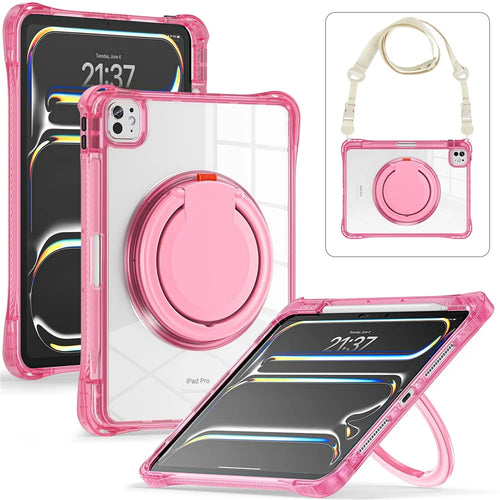 For iPad Pro 11 (2025) / 11 (2024) Case with Shoulder Strap Rotary Kickstand PC+TPU+Acrylic Tablet Cover - Rose - 1