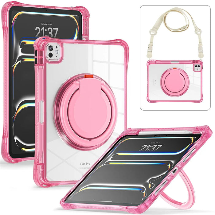 For iPad Pro 11 (2025) / 11 (2024) Case with Shoulder Strap Rotary Kickstand PC+TPU+Acrylic Tablet Cover - Rose - 1