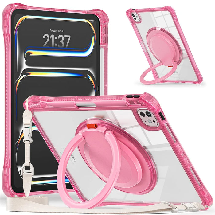 For iPad Pro 11 (2025) / 11 (2024) Case with Shoulder Strap Rotary Kickstand PC+TPU+Acrylic Tablet Cover - Rose - 2