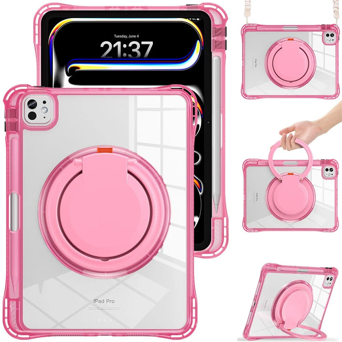 For iPad Pro 11 (2025) / 11 (2024) Case with Shoulder Strap Rotary Kickstand PC+TPU+Acrylic Tablet Cover - Rose - 3