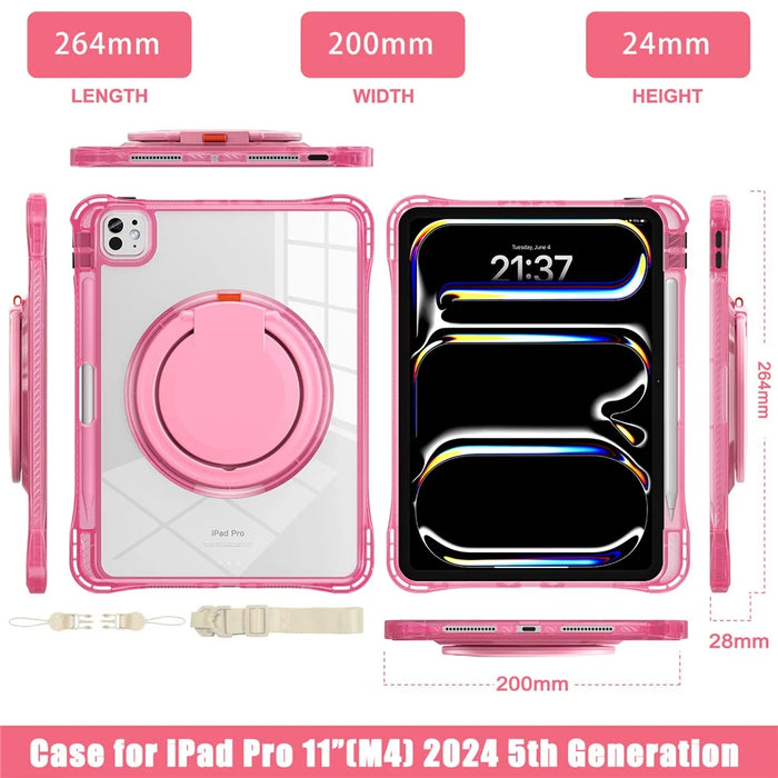 For iPad Pro 11 (2025) / 11 (2024) Case with Shoulder Strap Rotary Kickstand PC+TPU+Acrylic Tablet Cover - Rose - 6