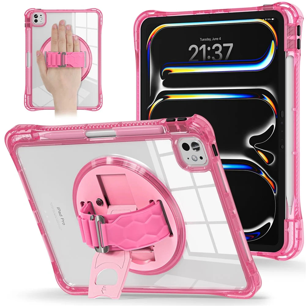For iPad Pro 11 (2025) / 11 (2024) Case Hand Strap Kickstand PC+TPU+Acrylic Clear Tablet Cover - Rose - 1