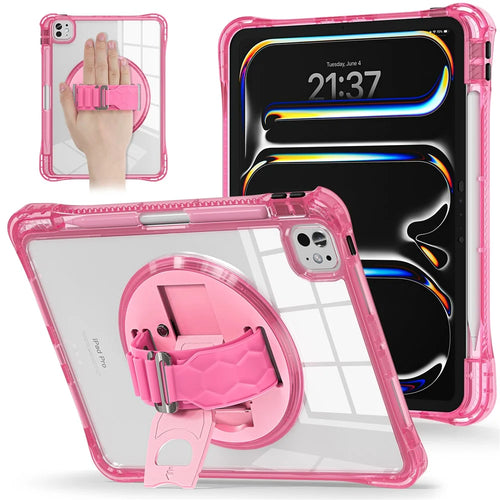 For iPad Pro 11 (2025) / 11 (2024) Case Hand Strap Kickstand PC+TPU+Acrylic Clear Tablet Cover - Rose - 1