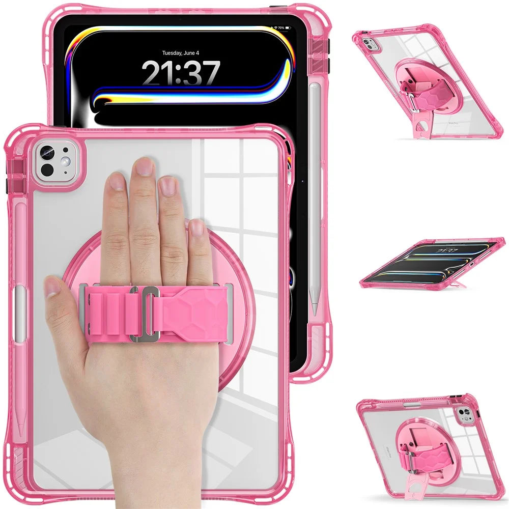 For iPad Pro 11 (2025) / 11 (2024) Case Hand Strap Kickstand PC+TPU+Acrylic Clear Tablet Cover - Rose - 2