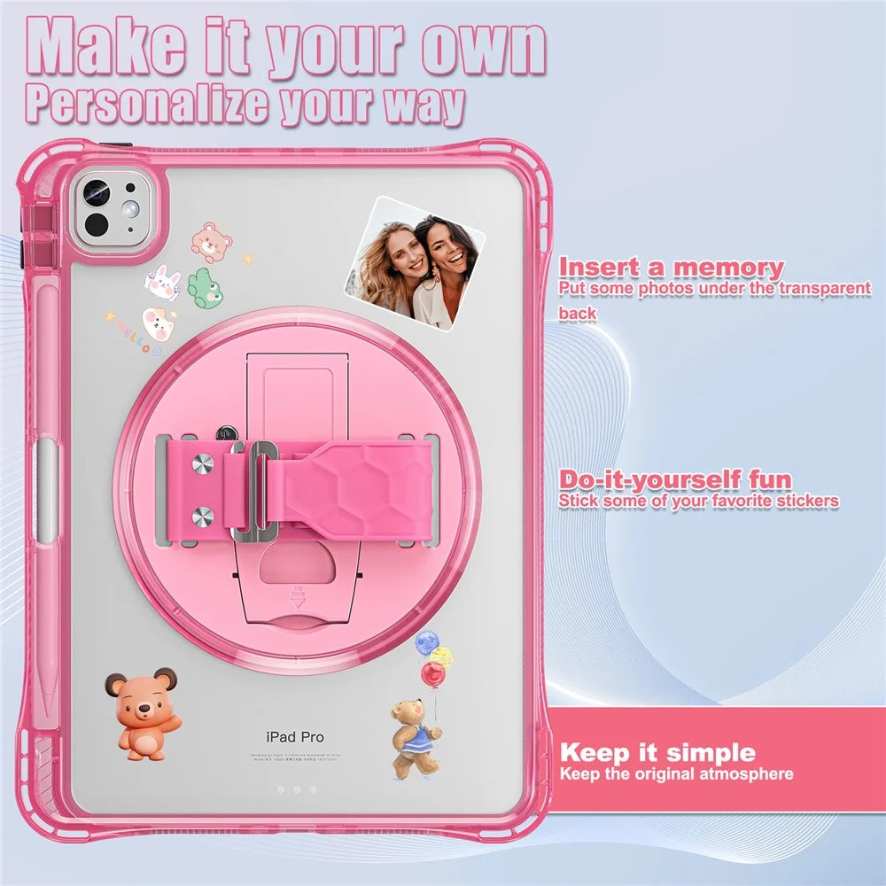 For iPad Pro 11 (2025) / 11 (2024) Case Hand Strap Kickstand PC+TPU+Acrylic Clear Tablet Cover - Rose - 3