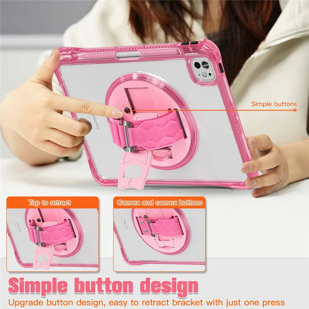 For iPad Pro 11 (2025) / 11 (2024) Case Hand Strap Kickstand PC+TPU+Acrylic Clear Tablet Cover - Rose - 4