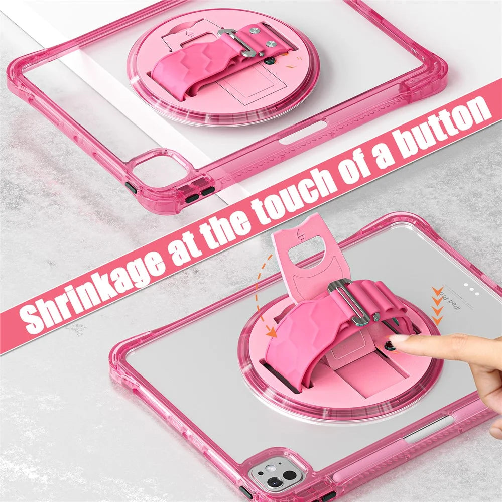 For iPad Pro 11 (2025) / 11 (2024) Case Hand Strap Kickstand PC+TPU+Acrylic Clear Tablet Cover - Rose - 5